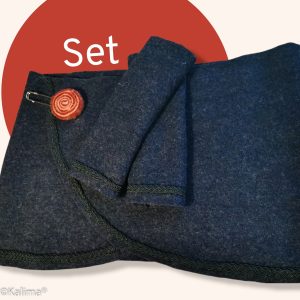 Wickelrock Indigo Blau aus reiner Schurwolle mit Bordüre, auch als Set  erhältlich mit Armstulpen und Filzbrosche