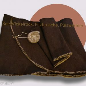 Wickelrock braun aus reiner Schurwolle mit Bordüre, auch als Set  erhältlich mit Armstulpen und Filzbrosche
